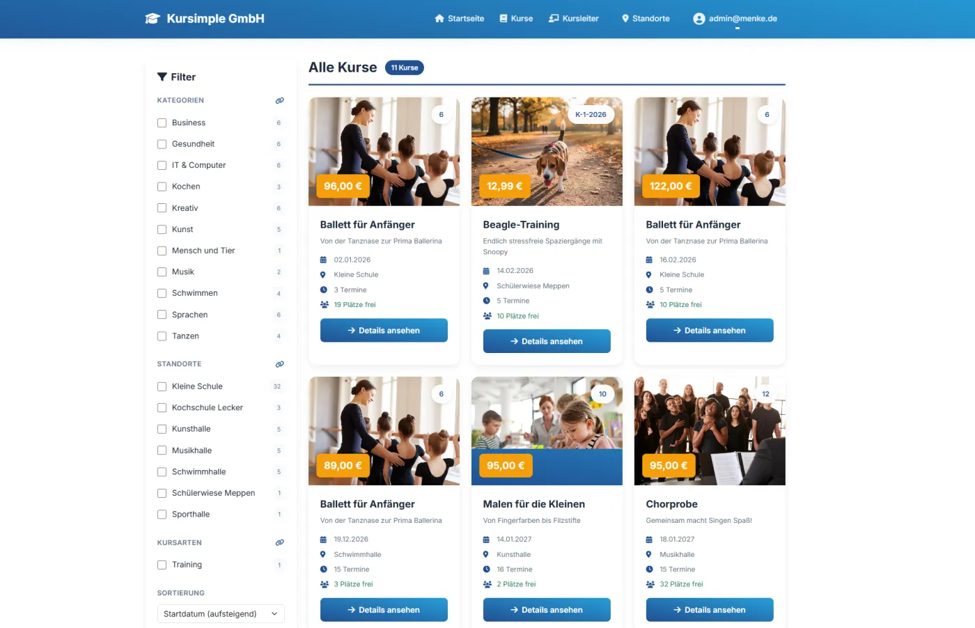 Kurs-Website mit Kursliste, Filtern und Preisen aus Teilnehmersicht
