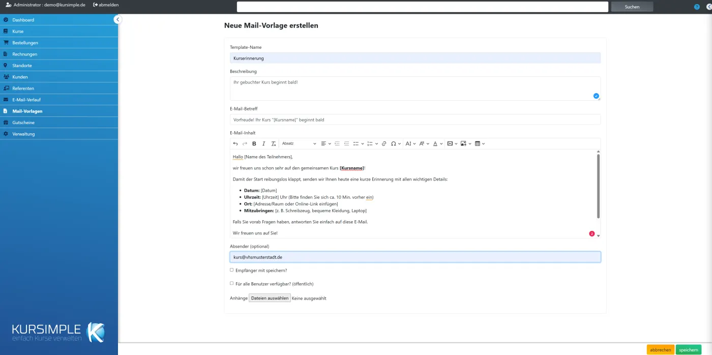 Eine Mail-Vorlage mit Betreff, Inhalt und Platzhaltern in Kursimple