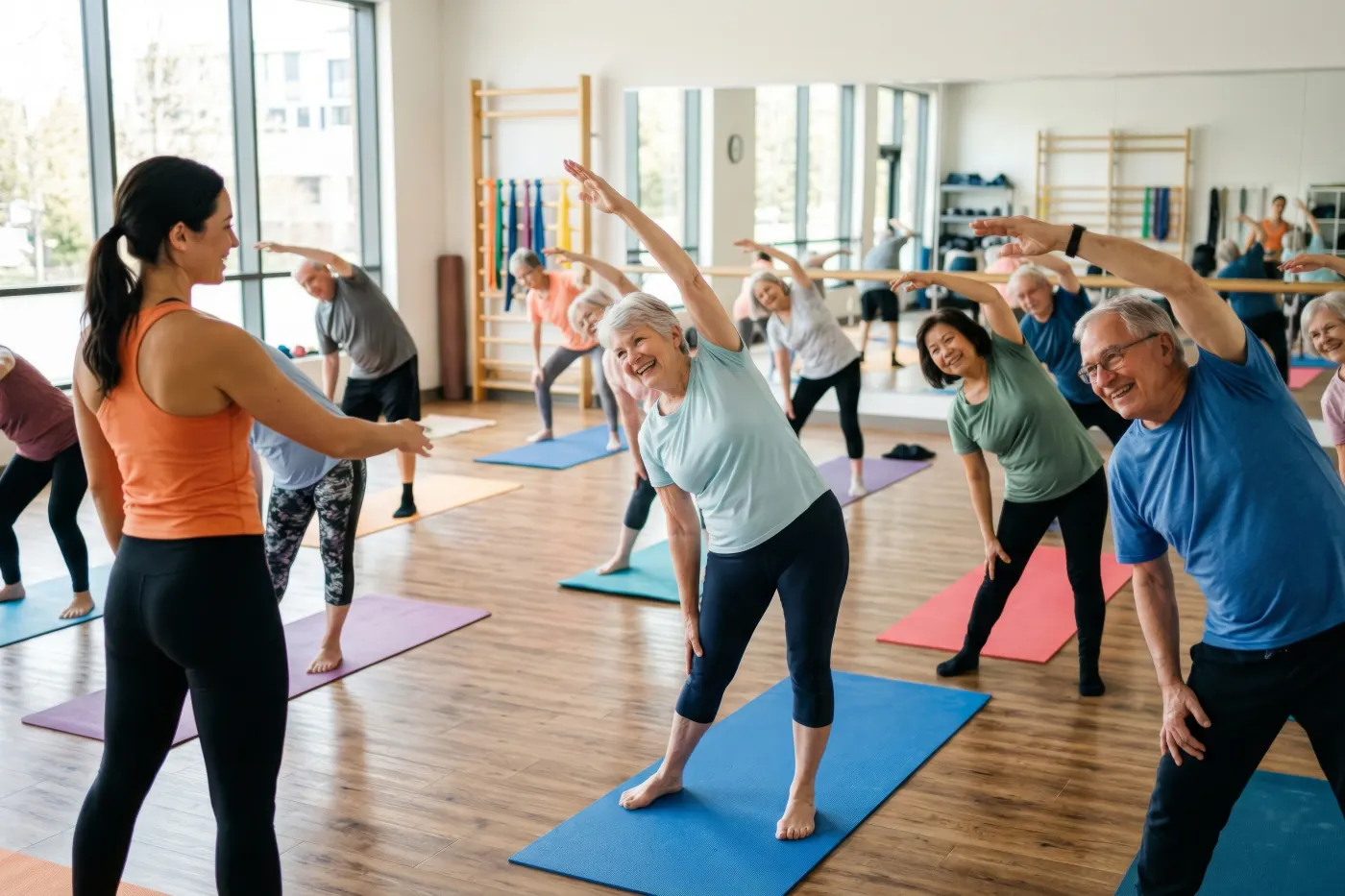 Kursleiterin leitet eine Gymnastikgruppe im Studio an